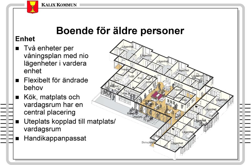 behov Kök, matplats och vardagsrum har en central placering