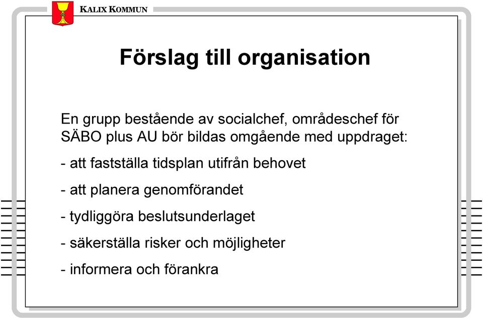 tidsplan utifrån behovet - att planera genomförandet - tydliggöra