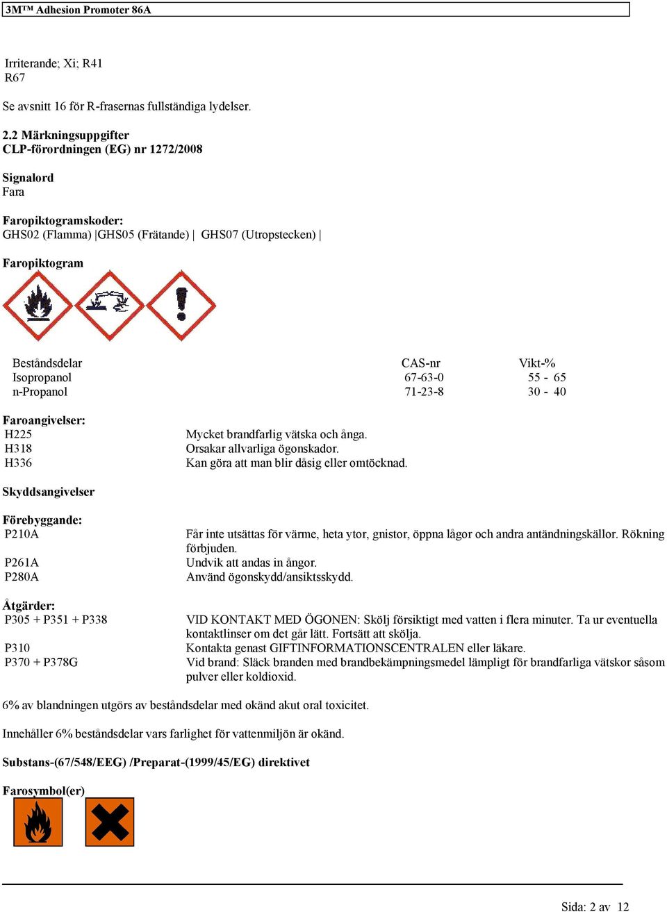 67-63-0 55-65 n-propanol 71-23-8 30-40 Faroangivelser: H225 H318 H336 Mycket brandfarlig vätska och ånga. Orsakar allvarliga ögonskador. Kan göra att man blir dåsig eller omtöcknad.