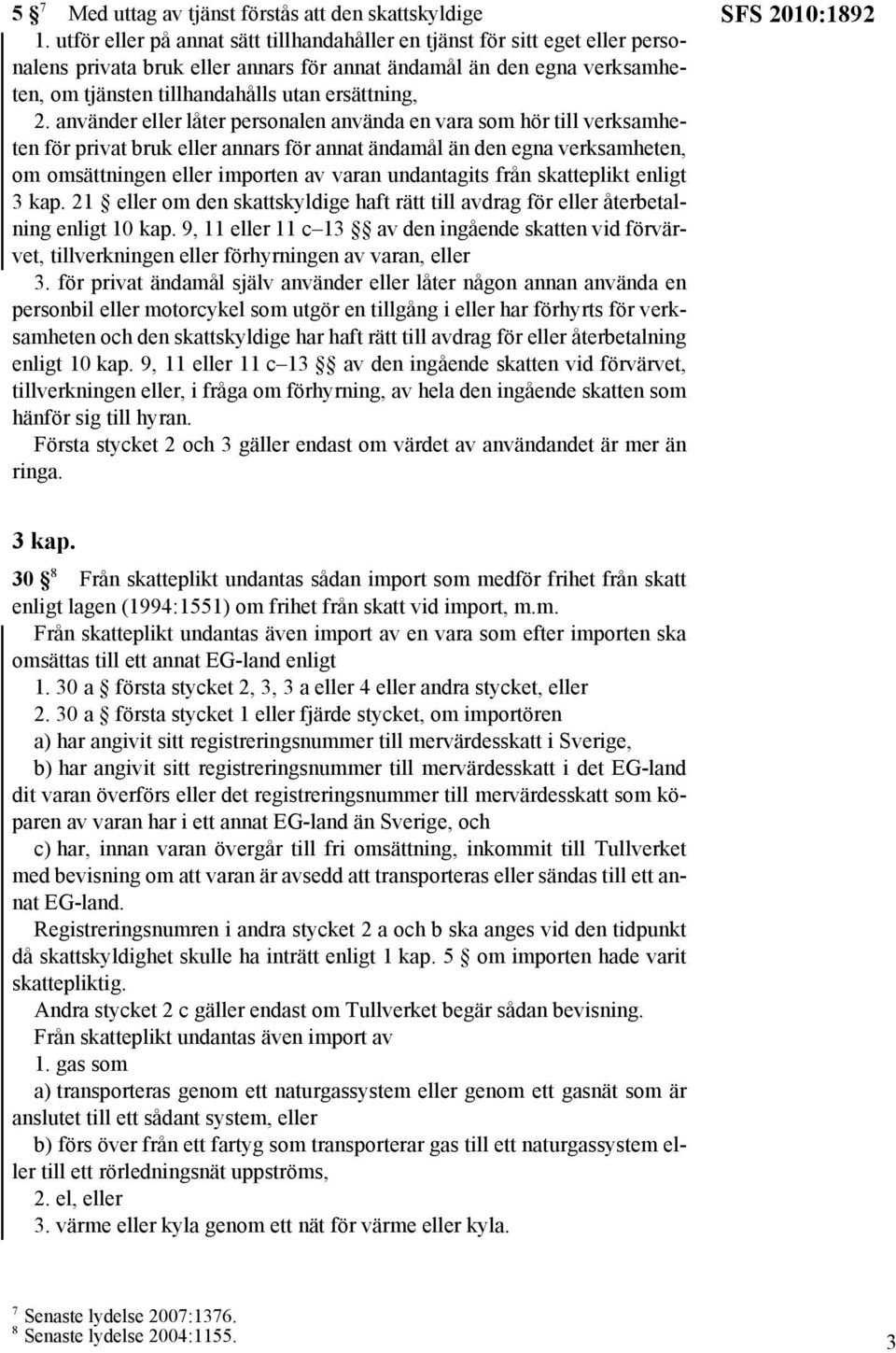 använder eller låter personalen använda en vara som hör till verksamheten för privat bruk eller annars för annat ändamål än den egna verksamheten, om omsättningen eller importen av varan undantagits