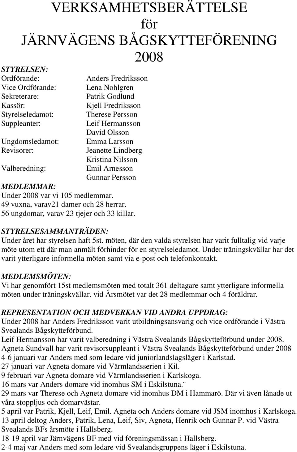 49 vuxna, varav21 damer och 28 herrar. 56 ungdomar, varav 23 tjejer och 33 killar. STYRELSESAMMANTRÄDEN: Under året har styrelsen haft 5st.