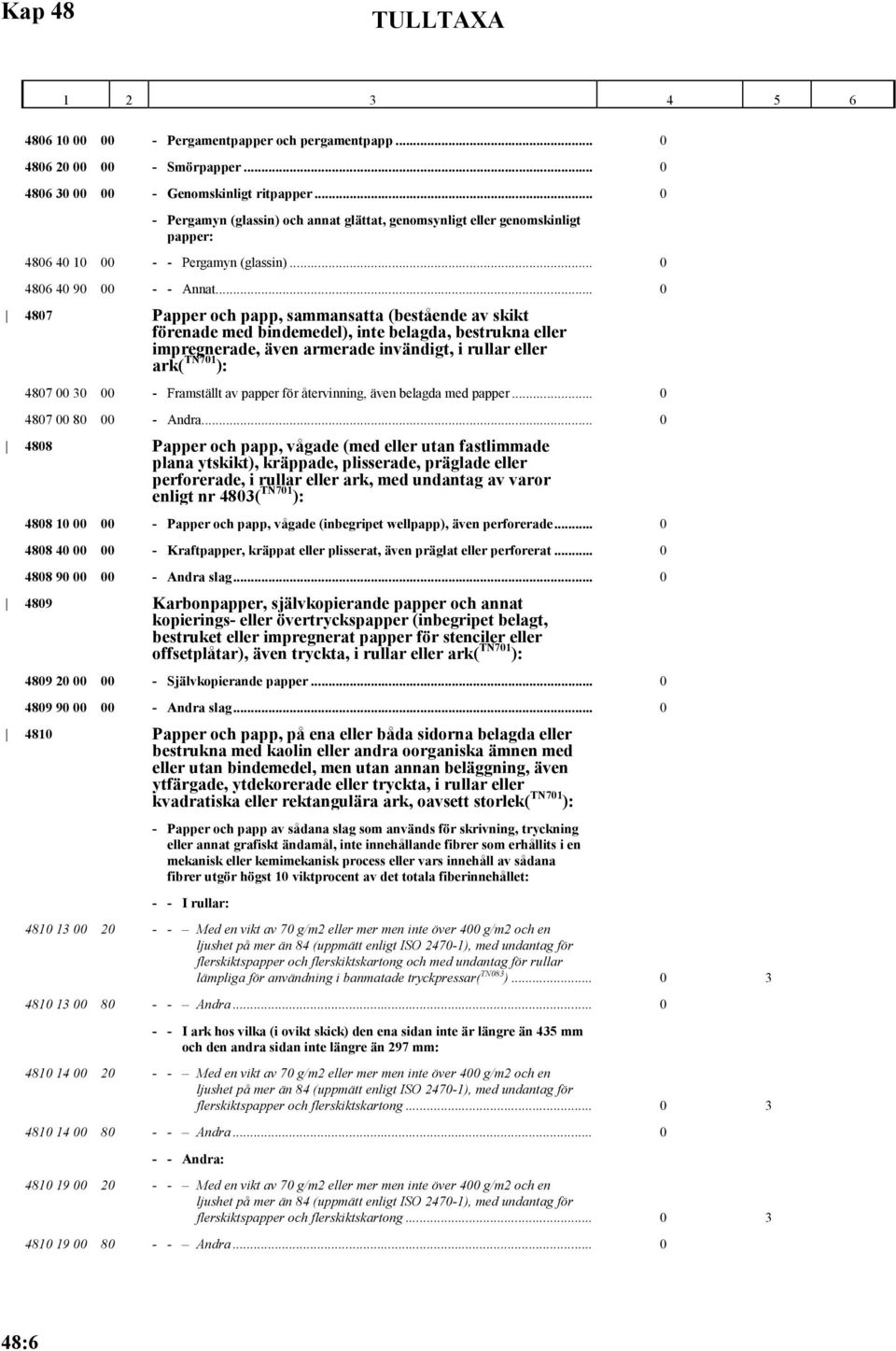 .. 0 4807 Papper och papp, sammansatta (bestående av skikt förenade med bindemedel), inte belagda, bestrukna eller impregnerade, även armerade invändigt, i rullar eller ark( TN701 ): 4807 00 30 00 -