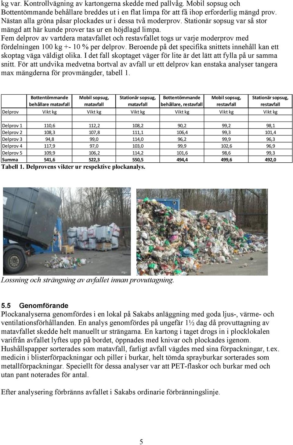 Fem delprov av vartdera matet och restet togs ur varje moderprov med fördelningen 100 kg +- 10 % per delprov. Beroende på det specifika snittets innehåll kan ett skoptag väga väldigt olika.