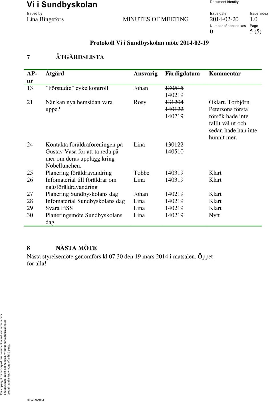 Rosy 131204 140122 140219 Lina 130122 140510 25 Planering föräldravandring Tobbe 140319 Klart 26 Infomaterial till föräldrar om Lina 140319 Klart natt/föräldravandring 27 Planering Sundbyskolans dag