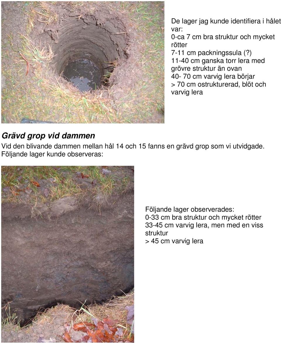 lera Grävd grop vid dammen Vid den blivande dammen mellan hål 14 och 15 fanns en grävd grop som vi utvidgade Följande lager