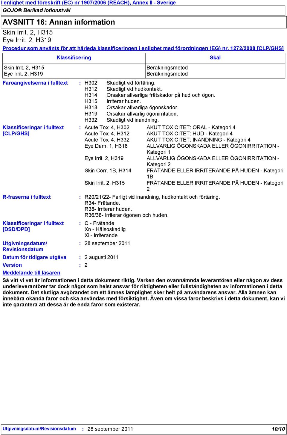 2, H319 Faroangivelserna i fulltext Klassificeringar i fulltext [CLP/GHS] Rfraserna i fulltext Klassificeringar i fulltext [DSD/DPD] Utgivningsdatum/ Revisionsdatum Datum för tidigare utgåva Version