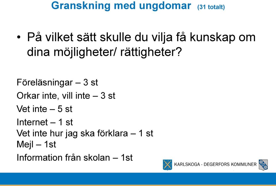 Föreläsningar 3 st Orkar inte, vill inte 3 st Vet inte 5 st