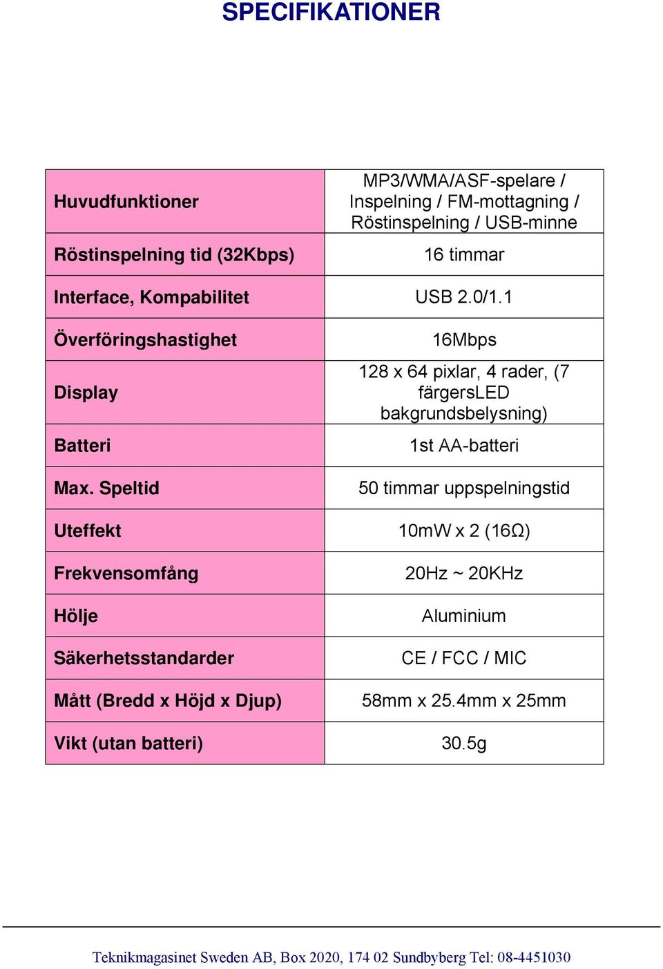 Speltid Uteffekt Frekvensomfång Hölje Säkerhetsstandarder Mått (Bredd x Höjd x Djup) 16Mbps 128 x 64 pixlar, 4 rader, (7 färgersled