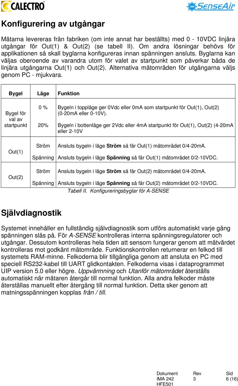 Byglarna kan väljas oberoende av varandra utom för valet av startpunkt som påverkar båda de linjära utgångarna Out(1) och Out(2). Alternativa mätområden för utgångarna väljs genom PC - mjukvara.