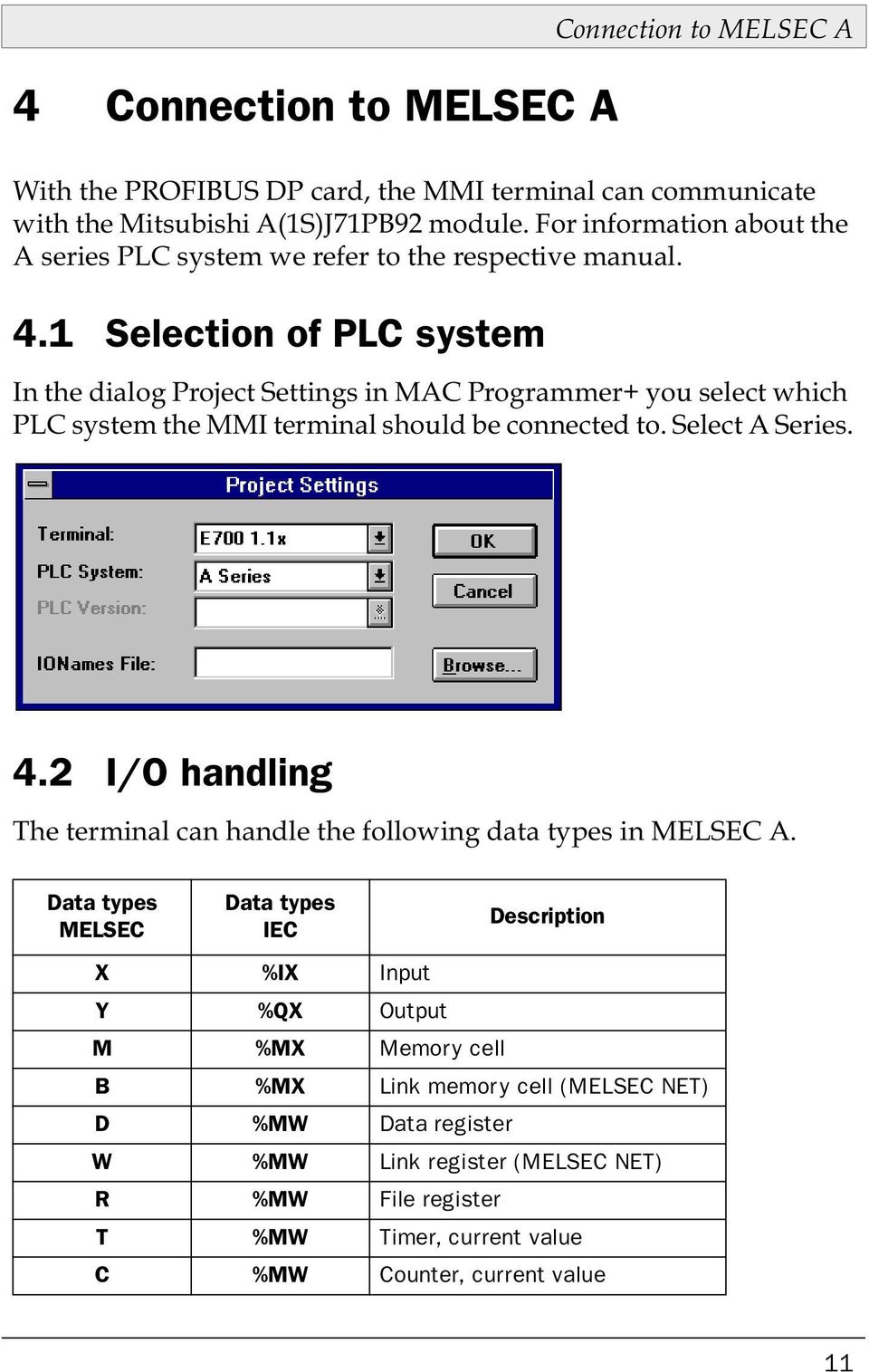 1 Selection of PLC system In the dialog Project Settings in MAC Programmer+ you select which PLC system the MMI terminal should be connected to. Select A Series. 4.