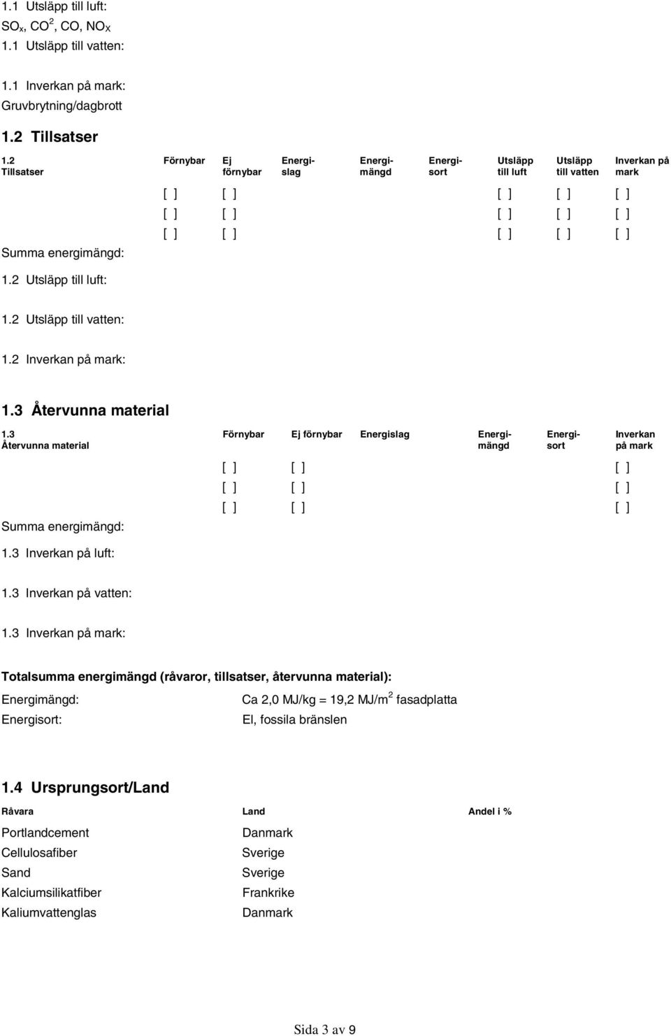 mark 1.2 Utsläpp till luft: 1.2 Utsläpp till vatten: 1.2 Inverkan på mark: 1.3 Återvunna material 1.