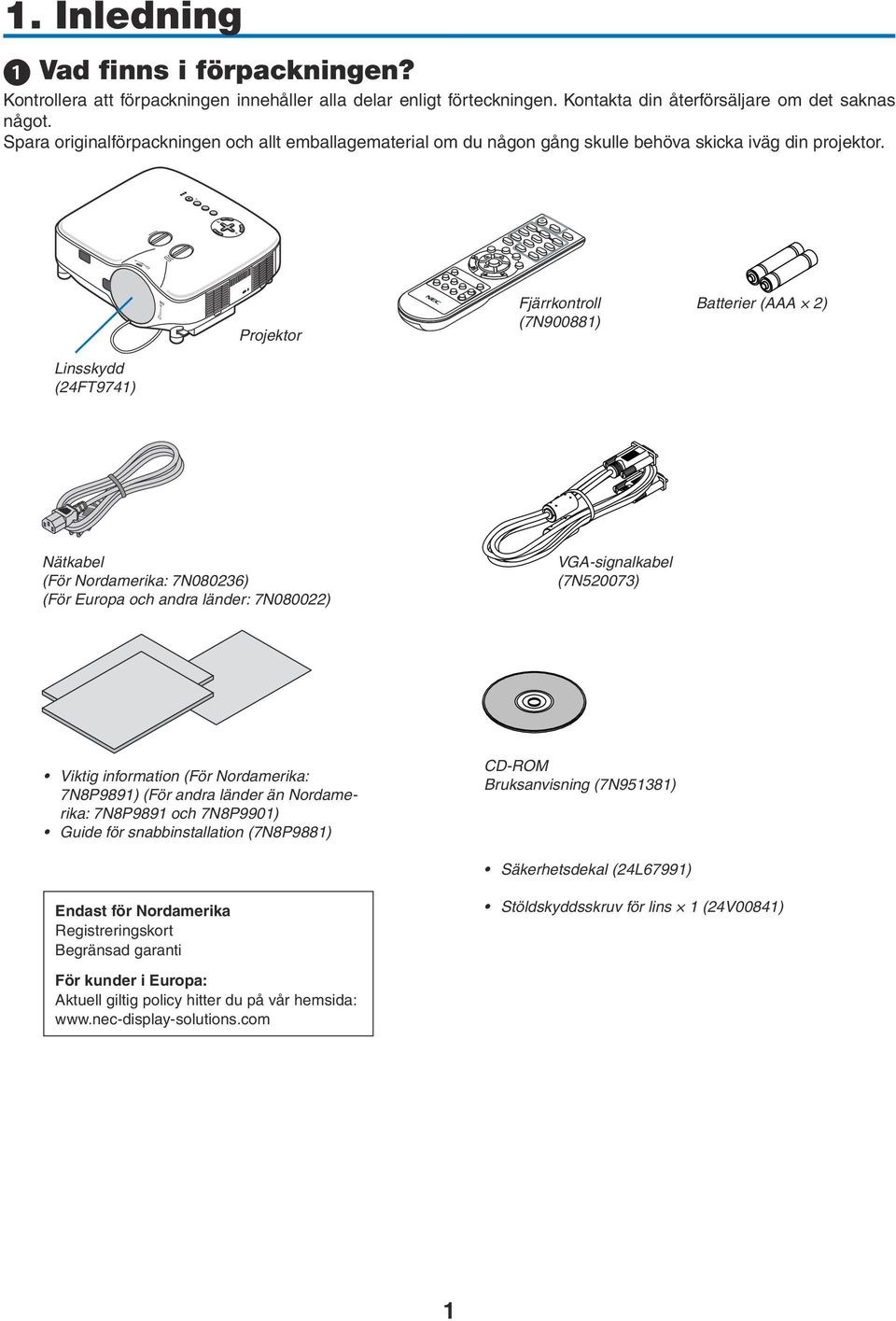 Projektor Fjärrkontroll (7N900881) Batterier (AAA 2) Linsskydd (24FT9741) Nätkabel (För Nordamerika: 7N080236) (För Europa och andra länder: 7N080022) VGA-signalkabel (7N520073) Viktig information