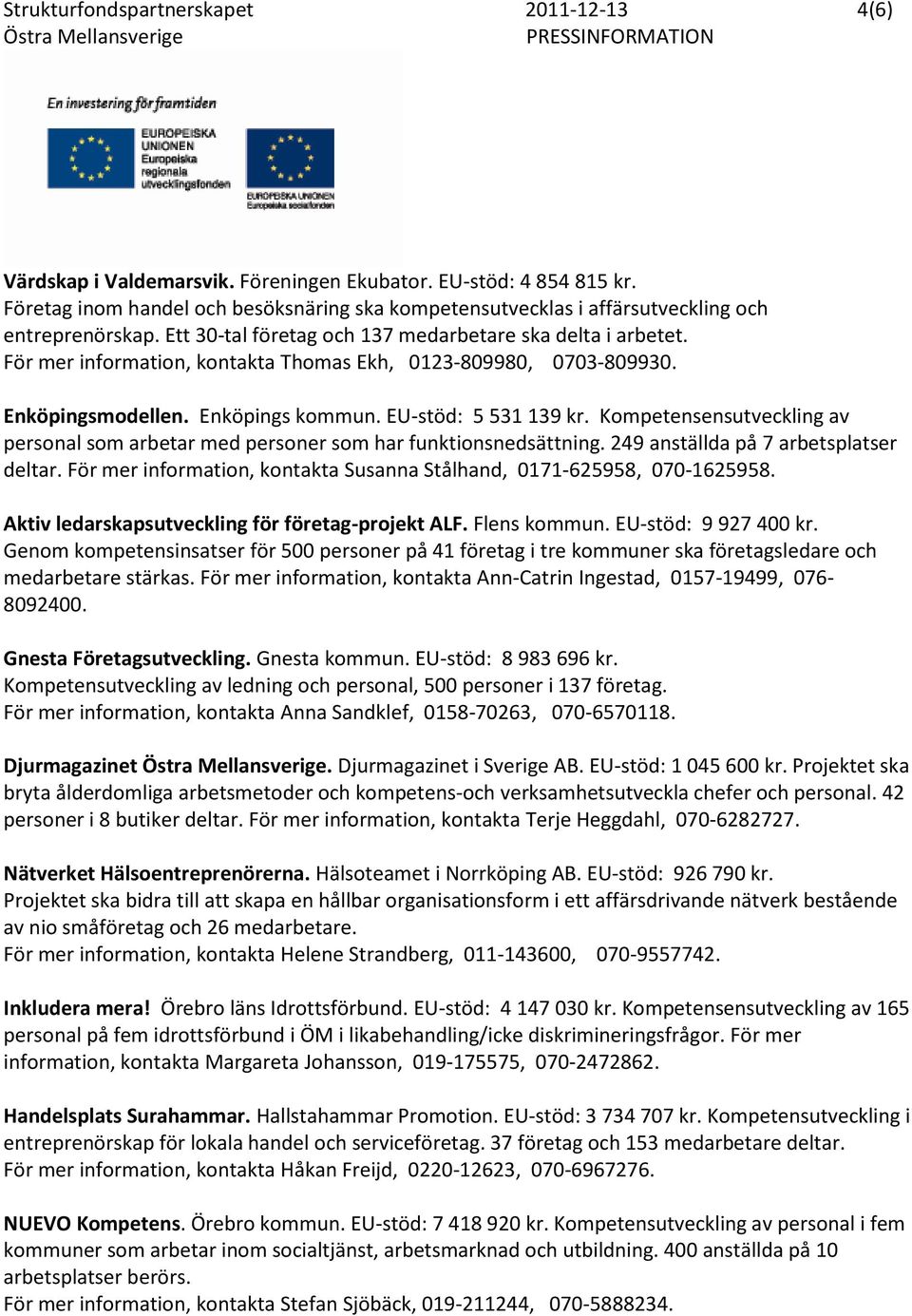 För mer information, kontakta Thomas Ekh, 0123-809980, 0703-809930. Enköpingsmodellen. Enköpings kommun. EU-stöd: 5 531 139 kr.