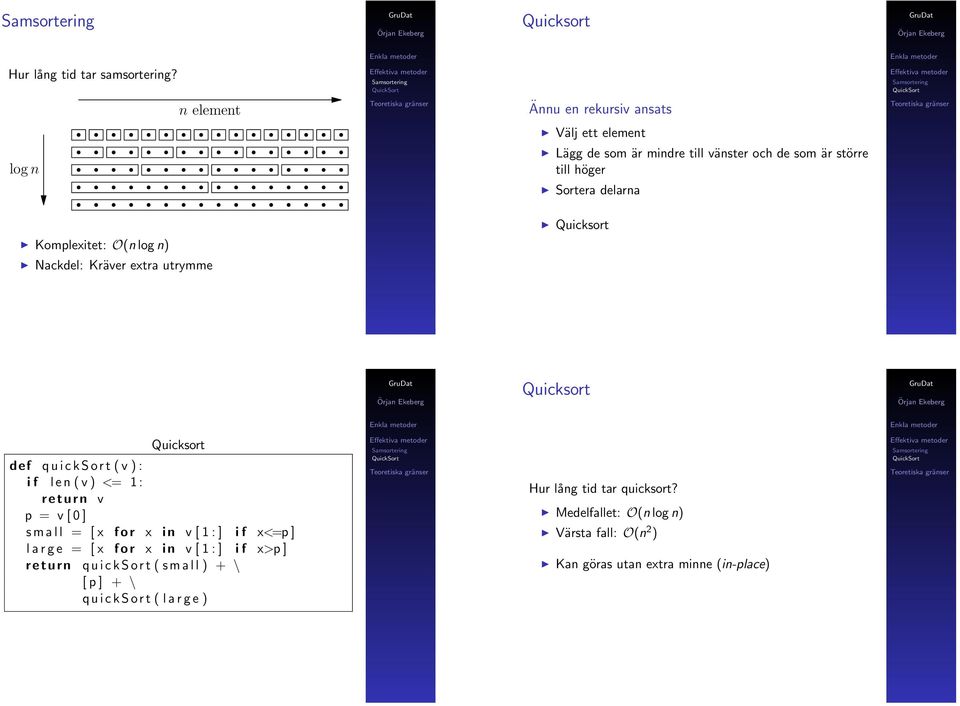 Komplexitet: O(n log n) Nackdel: Kräver extra utrymme Quicksort Quicksort def q u i c k S o r t ( v ) : p = v [ 0 ] s m a l l = [ x f o r x i n v [ 1