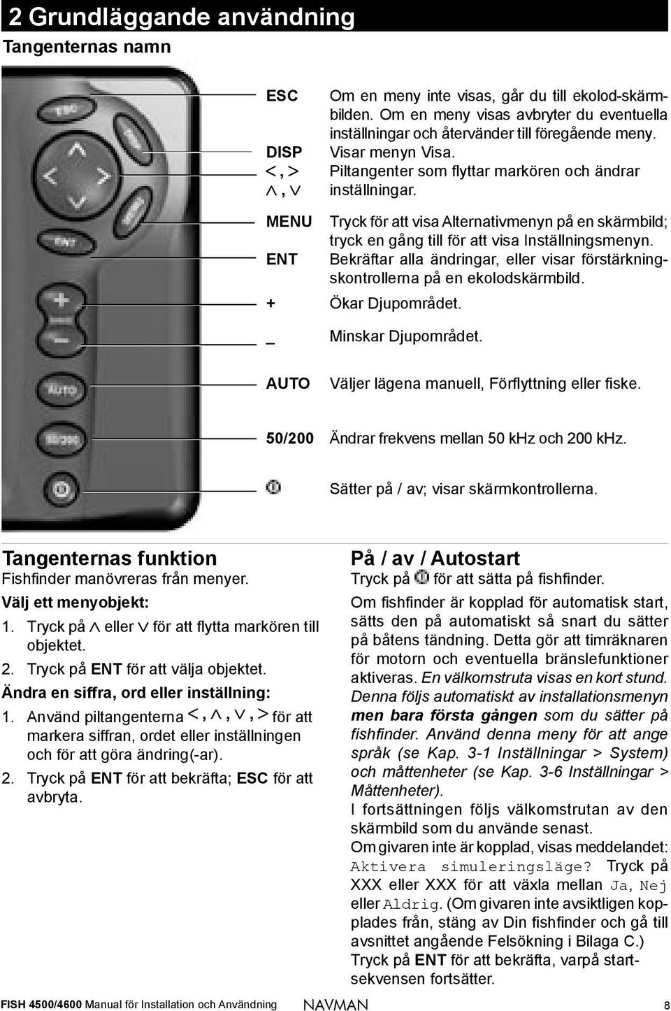 Bekräftar alla ändringar, eller visar förstärkningskontrollerna på en ekolodskärmbild. + Ökar Djupområdet. _ Minskar Djupområdet. AUTO Väljer lägena manuell, Förflyttning eller fiske.