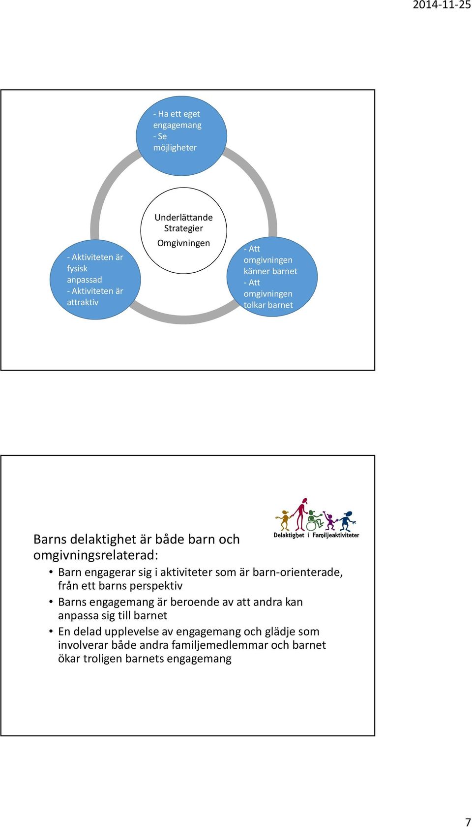 och omgivningsrelaterad: Barn engagerar sig i aktiviteter som är barn-orienterade, från ett barns perspektiv Barns engagemang är beroende av att andra