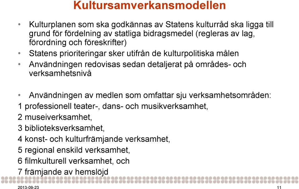 verksamhetsnivå Användningen av medlen som omfattar sju verksamhetsområden: 1 professionell teater-, dans- och musikverksamhet, 2 museiverksamhet, 3