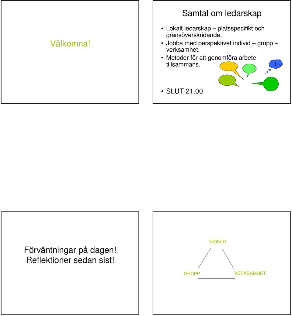 Jobba med perspektivet individ grupp verksamhet.