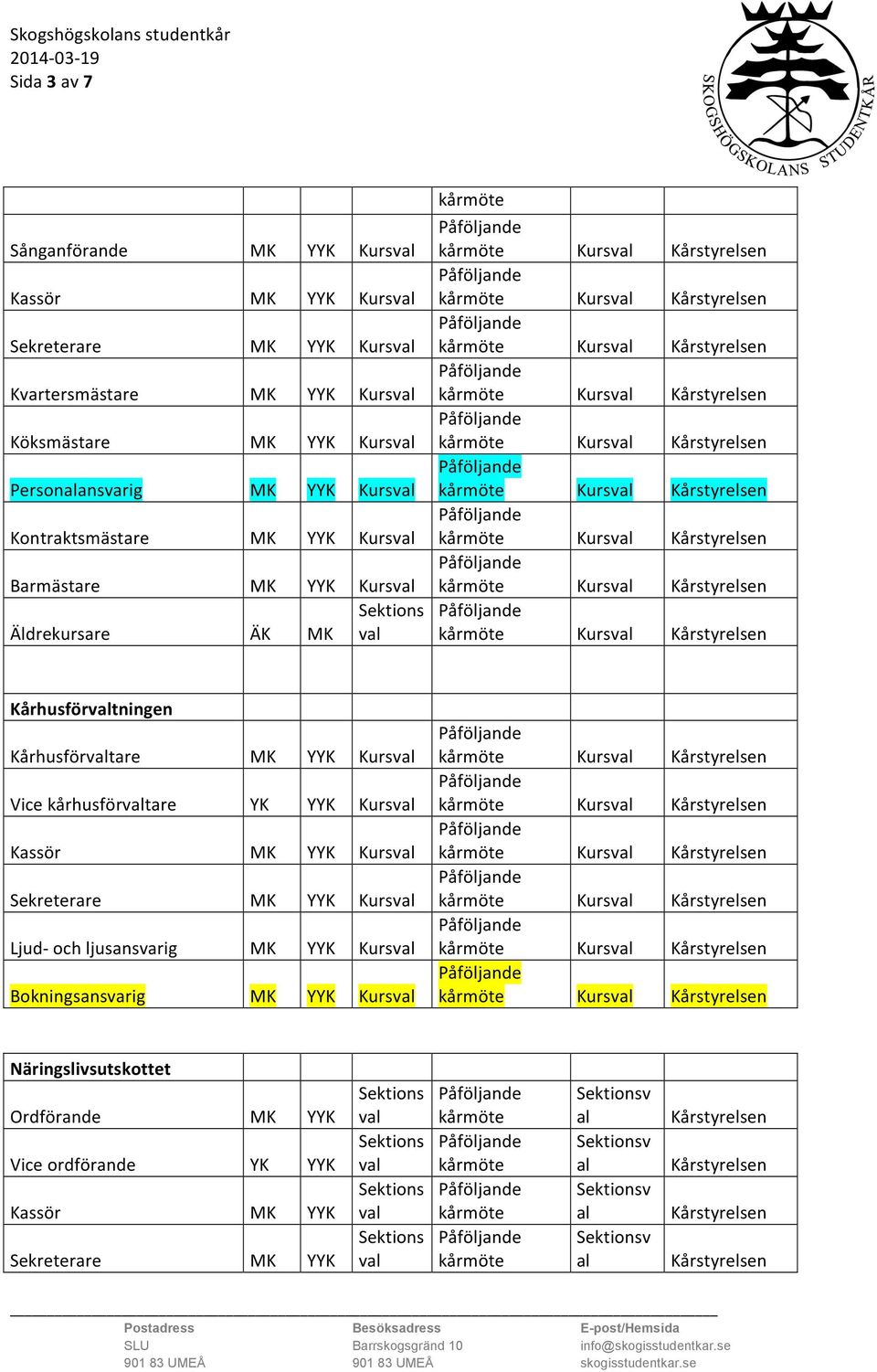 Kårhusförtningen Kårhusförtare M Kurs Vice kårhusförtare Y Kurs Kurs Sekreterare M Kurs Ljud- och ljusansvarig M