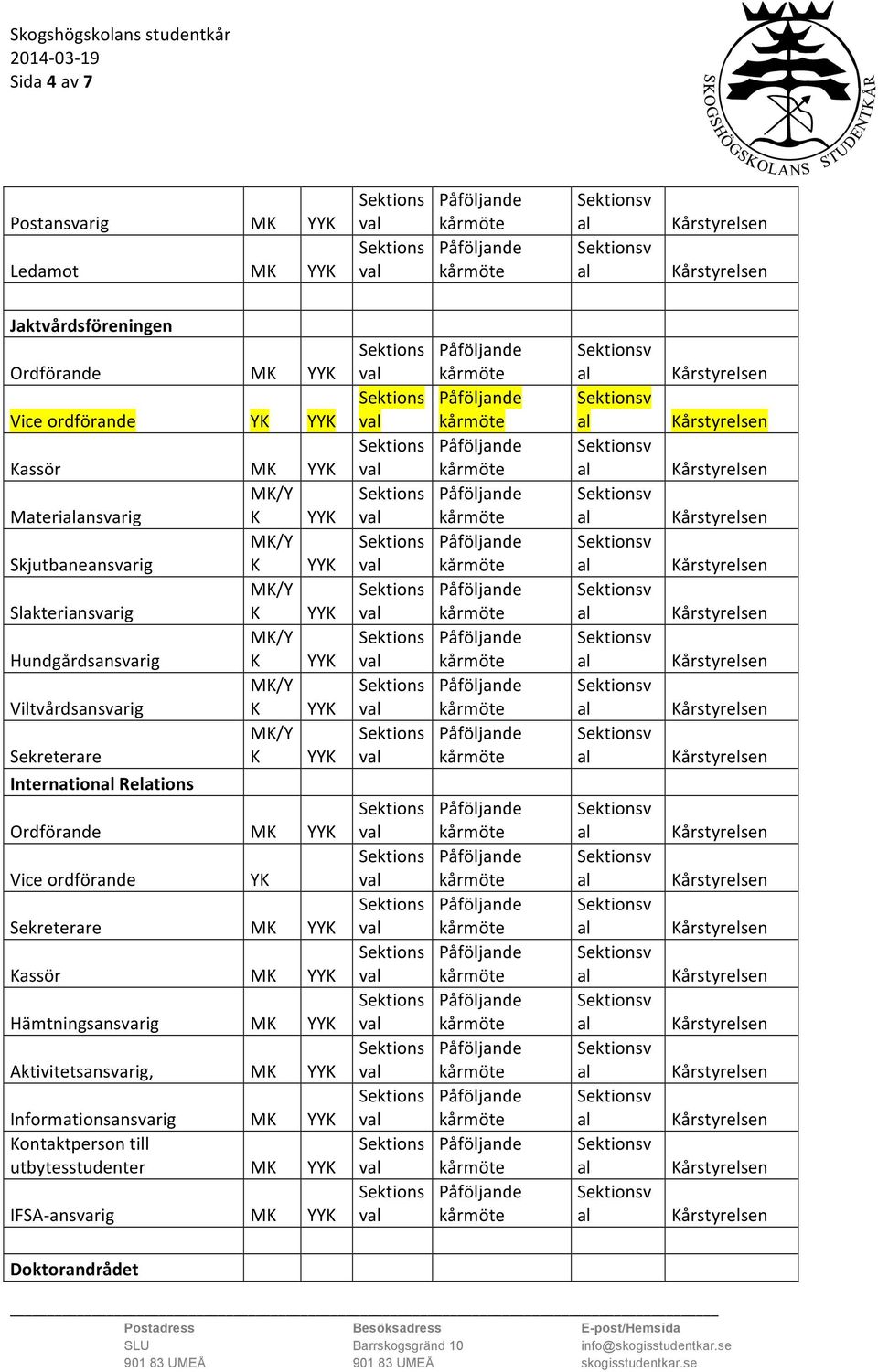 Relations Vice ordförande YK Sekreterare M Hämtningsansvarig M Aktivitetsansvarig, M