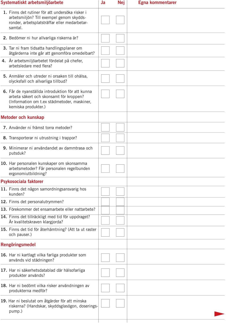 Anmäler och utreder ni orsaken till ohälsa, olycksfall och allvarliga tillbud? 6. Får de nyanställda introduktion för att kunna arbeta säkert och skonsamt för kroppen? (Information om t.