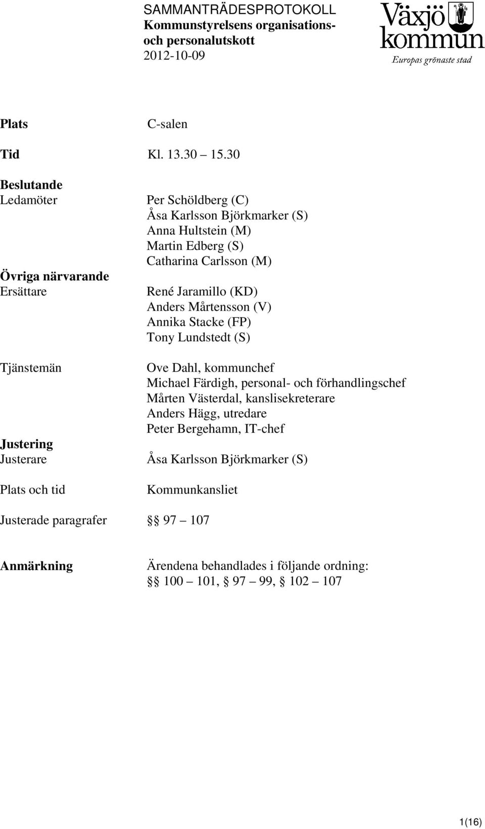 Hultstein (M) Martin Edberg (S) Catharina Carlsson (M) René Jaramillo (KD) Anders Mårtensson (V) Annika Stacke (FP) Tony Lundstedt (S) Ove Dahl, kommunchef