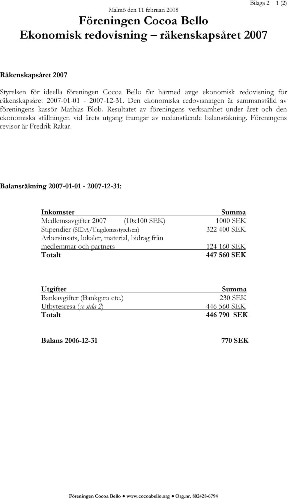 Resultatet av föreningens verksamhet under året och den ekonomiska ställningen vid årets utgång framgår av nedanstående balansräkning. Föreningens revisor är Fredrik Rakar.