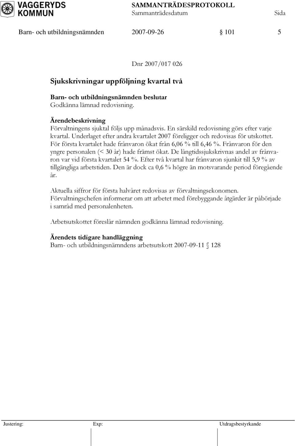Frånvaron för den yngre personalen (< 30 år) hade främst ökat. De långtidssjukskrivnas andel av frånvaron var vid första kvartalet 54 %.