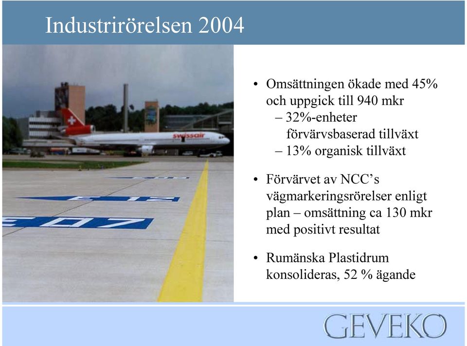 Förvärvet av NCC s vägmarkeringsrörelser enligt plan omsättning ca