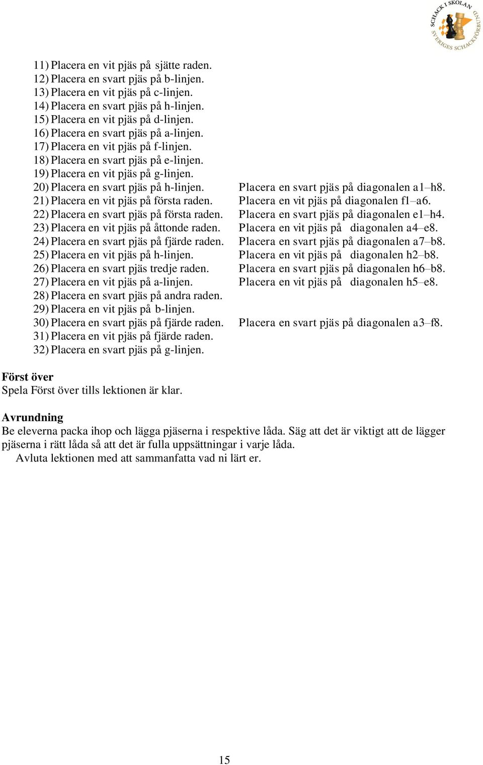 Placera en svart pjäs på diagonalen a1 h8. 21) Placera en vit pjäs på första raden. Placera en vit pjäs på diagonalen f1 a6. 22) Placera en svart pjäs på första raden.