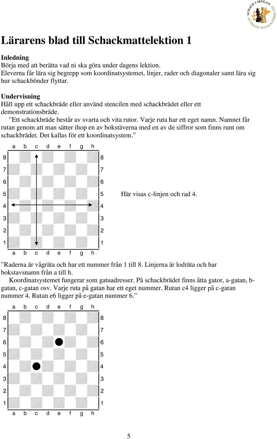 Undervisning Håll upp ett schackbräde eller använd stencilen med schackbrädet eller ett demonstrationsbräde. Ett schackbräde består av svarta och vita rutor. Varje ruta har ett eget namn.