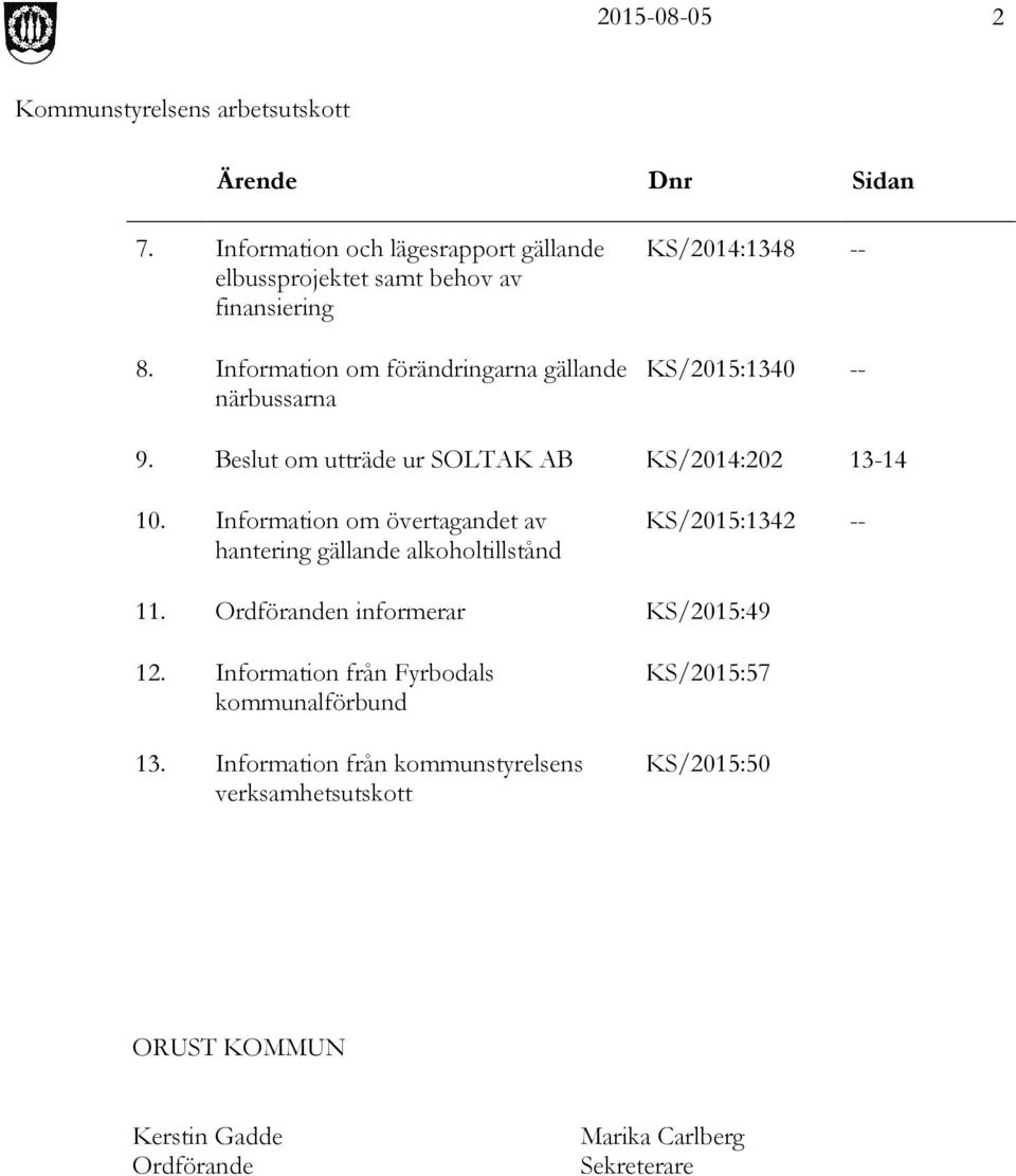 Information om övertagandet av hantering gällande alkoholtillstånd KS/2015:1342 -- 11. Ordföranden informerar KS/2015:49 12.