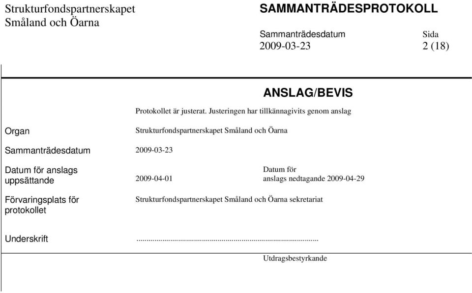 2009-03-23 Datum för anslags uppsättande Förvaringsplats för protokollet