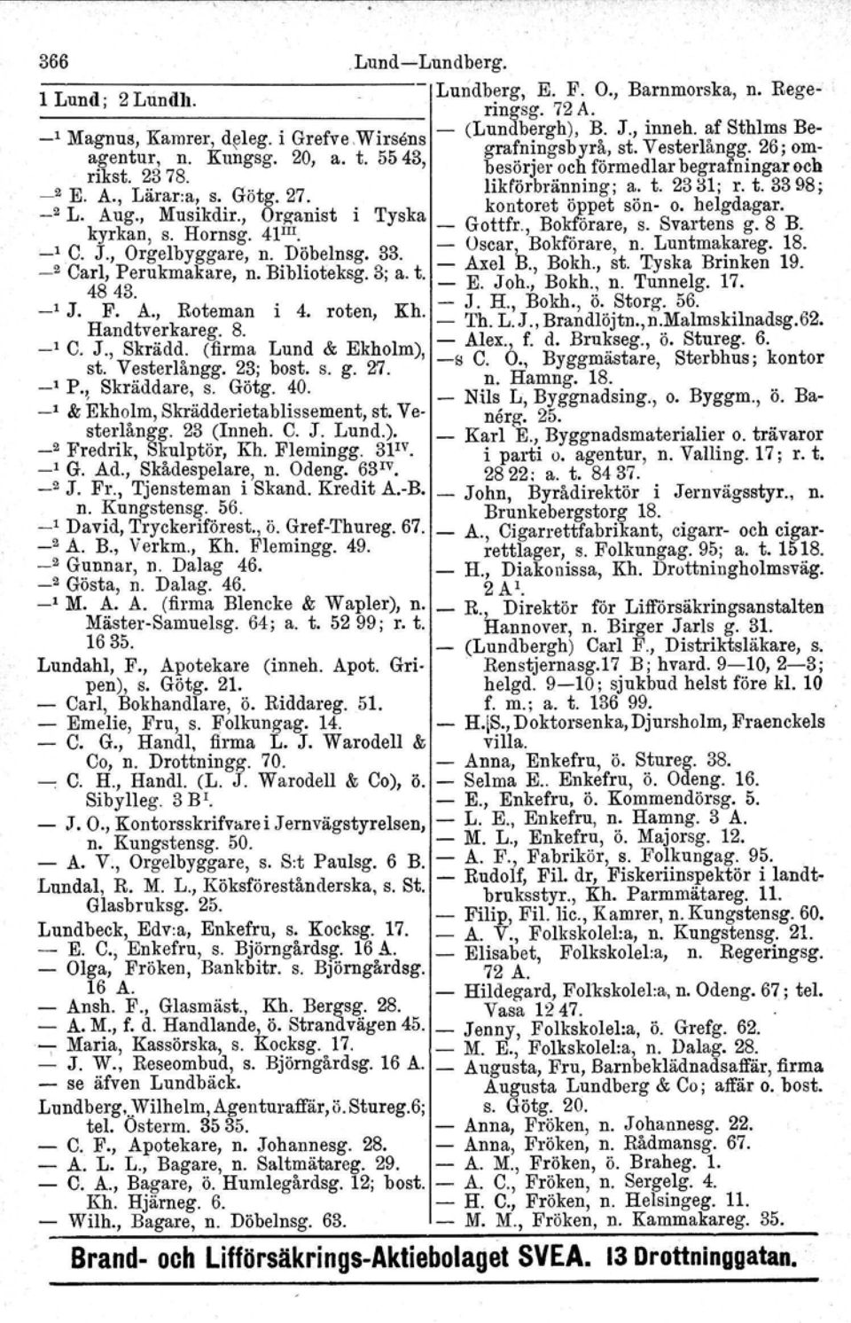 kontoret öppet sön- o. helgdagar. _2 L. Aug., Musikdir., Organist i Tyska _ Gottfr., Bokförare, s. Svartens g.8 B. kyrkan, s. Hornsg. 4Pll. Oscar Bokförare, n. Luntmakareg. 18. -' C. J.