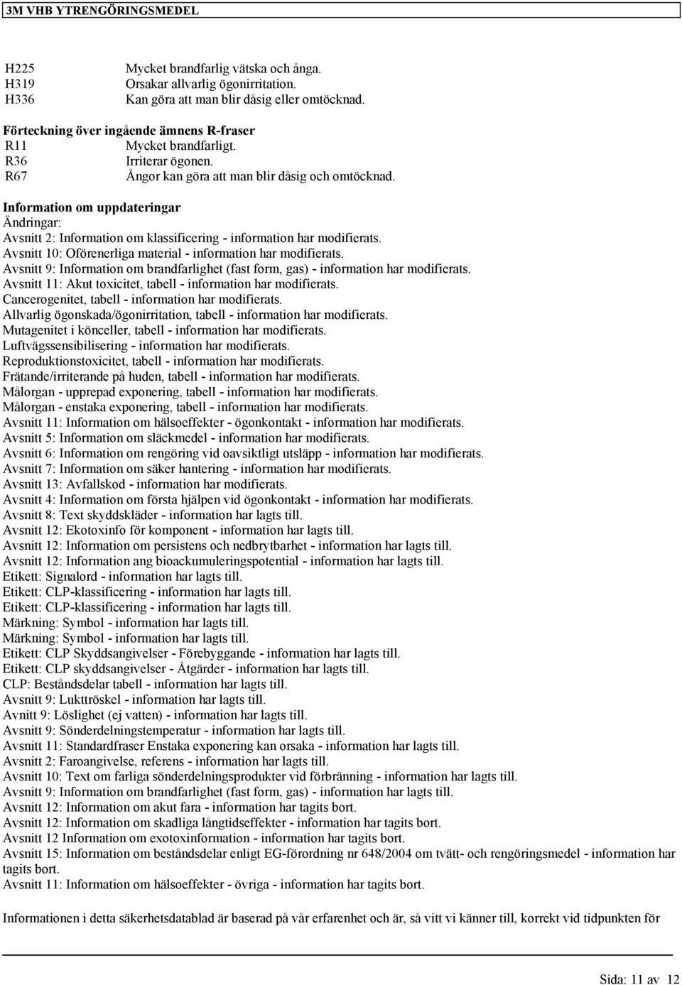 Avsnitt 10: Oförenerliga material - information har modifierats. Avsnitt 9: Information om brandfarlighet (fast form, gas) - information har modifierats.