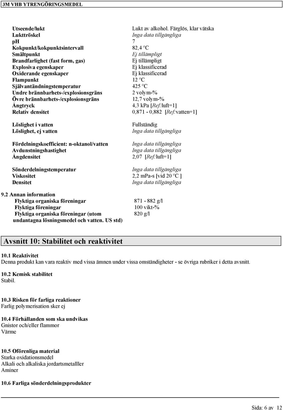 klassificerad Oxiderande egenskaper Ej klassificerad Flampunkt 12 ºC Självantändningstemperatur 425 ºC Undre brännbarhets-/explosionsgräns 2 volym-% Övre brännbarhets-/explosionsgräns 12,7 volym-%