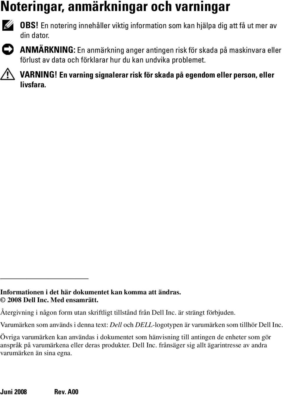 En varning signalerar risk för skada på egendom eller person, eller livsfara. Informationen i det här dokumentet kan komma att ändras. 2008 Dell Inc. Med ensamrätt.