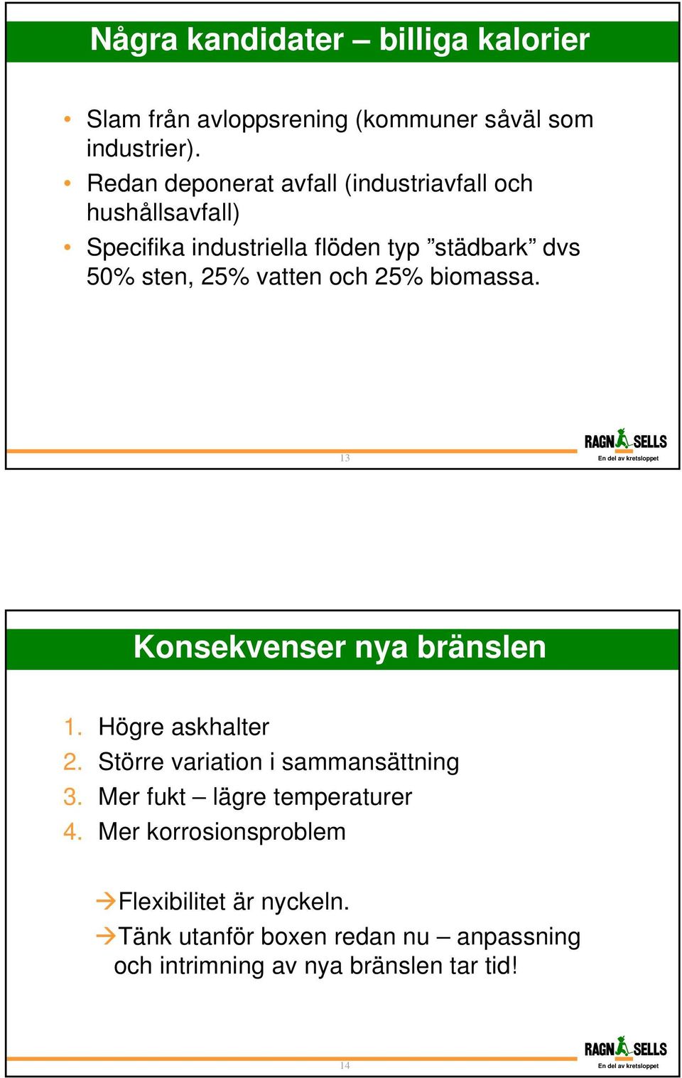 vatten och 25% biomassa. 13 Konsekvenser nya bränslen 1. Högre askhalter 2. Större variation i sammansättning 3.