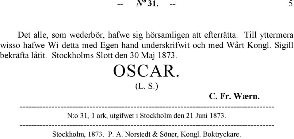 Sigill bekräfta låtit. Stockholms Slott den 30 Maj 1873. OSCAR. (L. S.) C. Fr. Wærn.