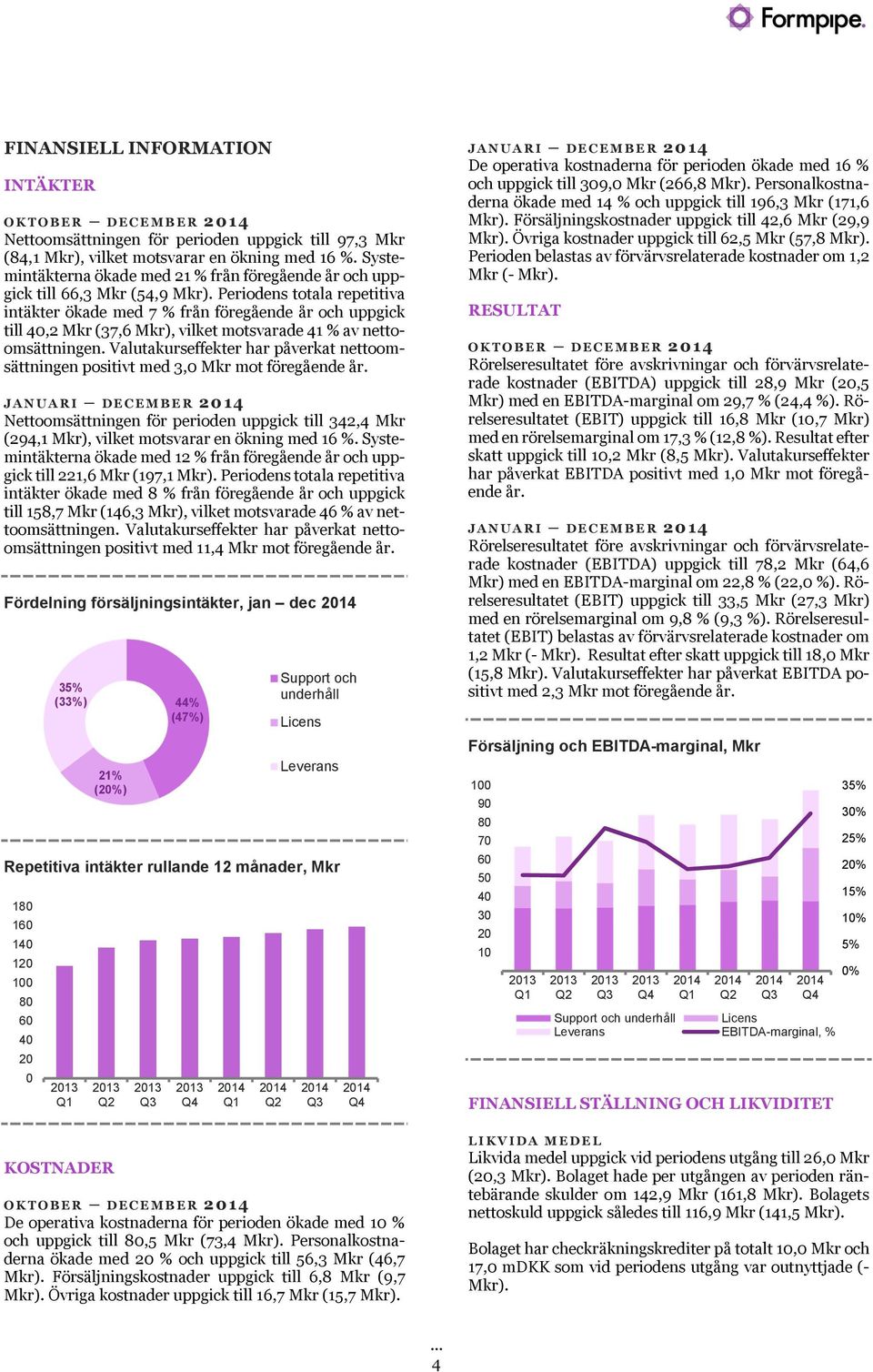 Periodens totala repetitiva intäkter ökade med 7 % från föregående år och uppgick till 40,2 Mkr (37,6 Mkr), vilket motsvarade 41 % av nettoomsättningen.