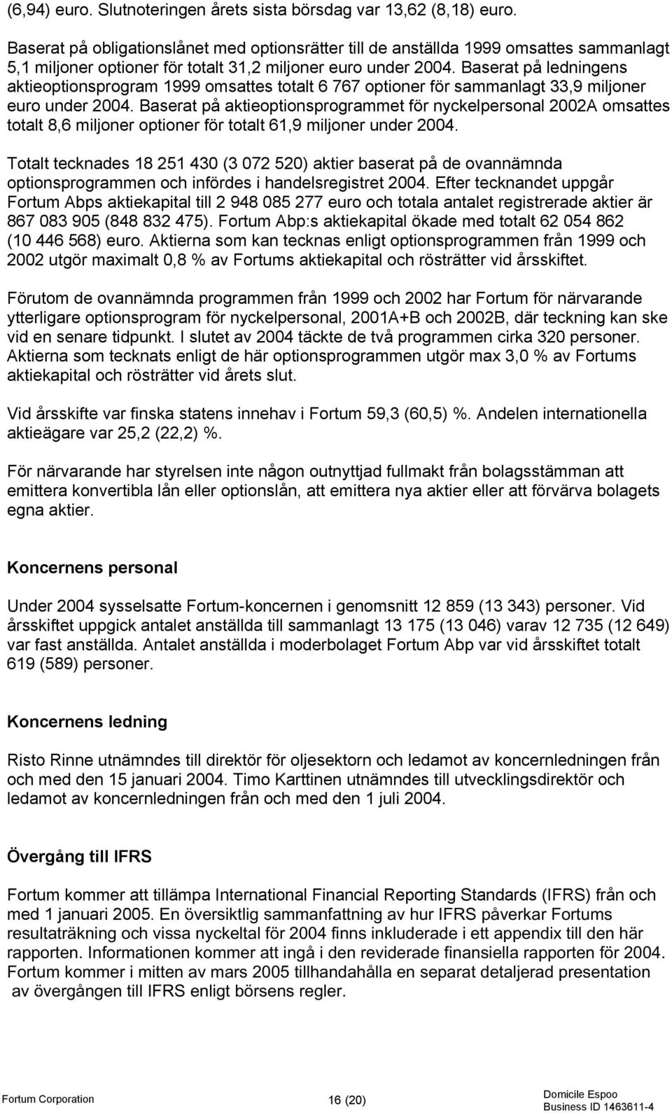 Baserat på ledningens aktieoptionsprogram 1999 omsattes totalt 6 767 optioner för sammanlagt 33,9 miljoner euro under 2004.