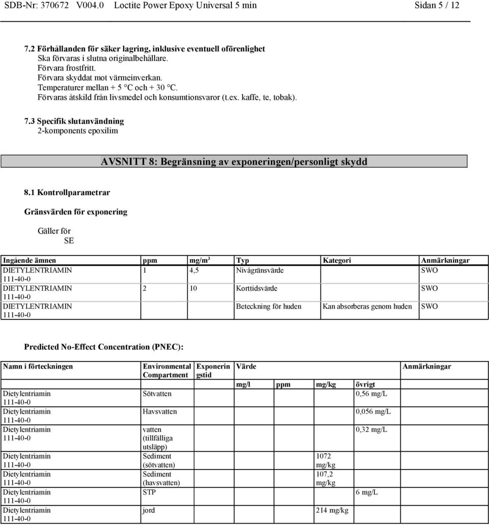 3 Specifik slutanvändning 2-komponents epoxilim AVSNITT 8: Begränsning av exponeringen/personligt skydd 8.