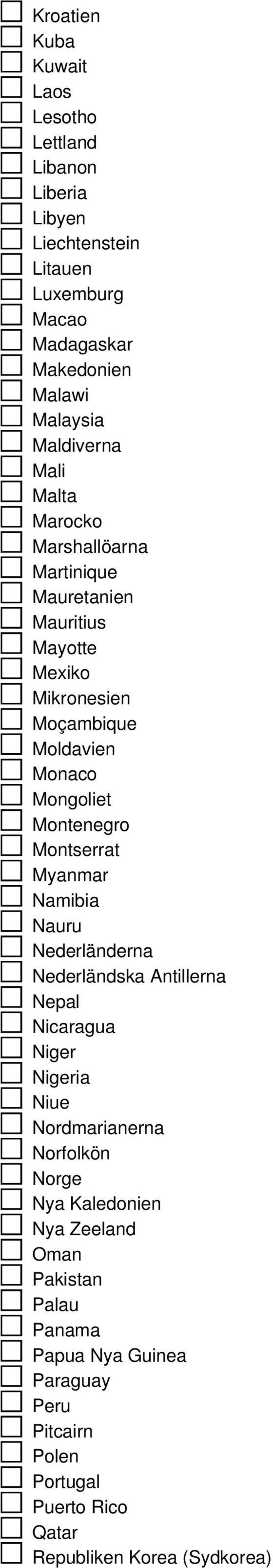 Montenegro Montserrat Myanmar Namibia Nauru Nederländerna Nederländska Antillerna Nepal Nicaragua Niger Nigeria Niue Nordmarianerna Norfolkön