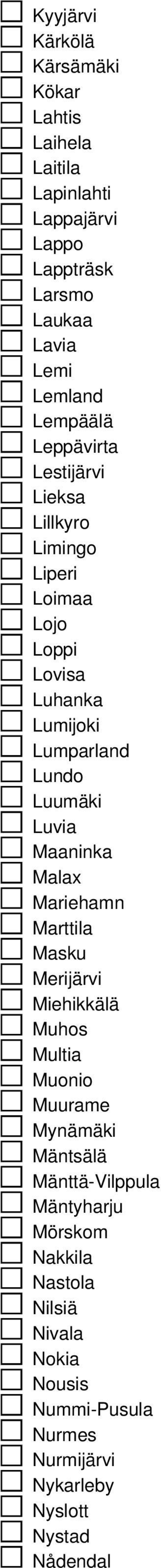 Luumäki Luvia Maaninka Malax Mariehamn Marttila Masku Merijärvi Miehikkälä Muhos Multia Muonio Muurame Mynämäki Mäntsälä