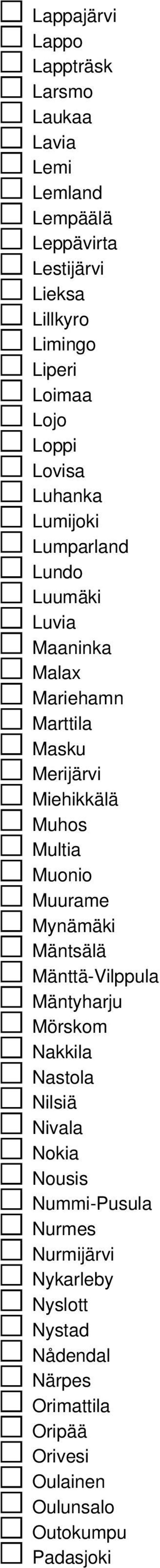 Muhos Multia Muonio Muurame Mynämäki Mäntsälä Mänttä-Vilppula Mäntyharju Mörskom Nakkila Nastola Nilsiä Nivala Nokia Nousis