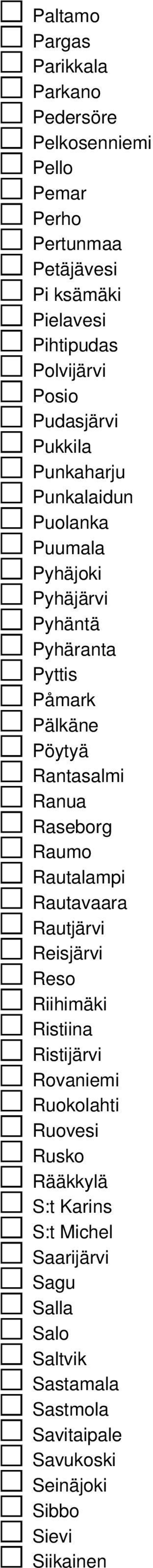 Pöytyä Rantasalmi Ranua Raseborg Raumo Rautalampi Rautavaara Rautjärvi Reisjärvi Reso Riihimäki Ristiina Ristijärvi Rovaniemi Ruokolahti