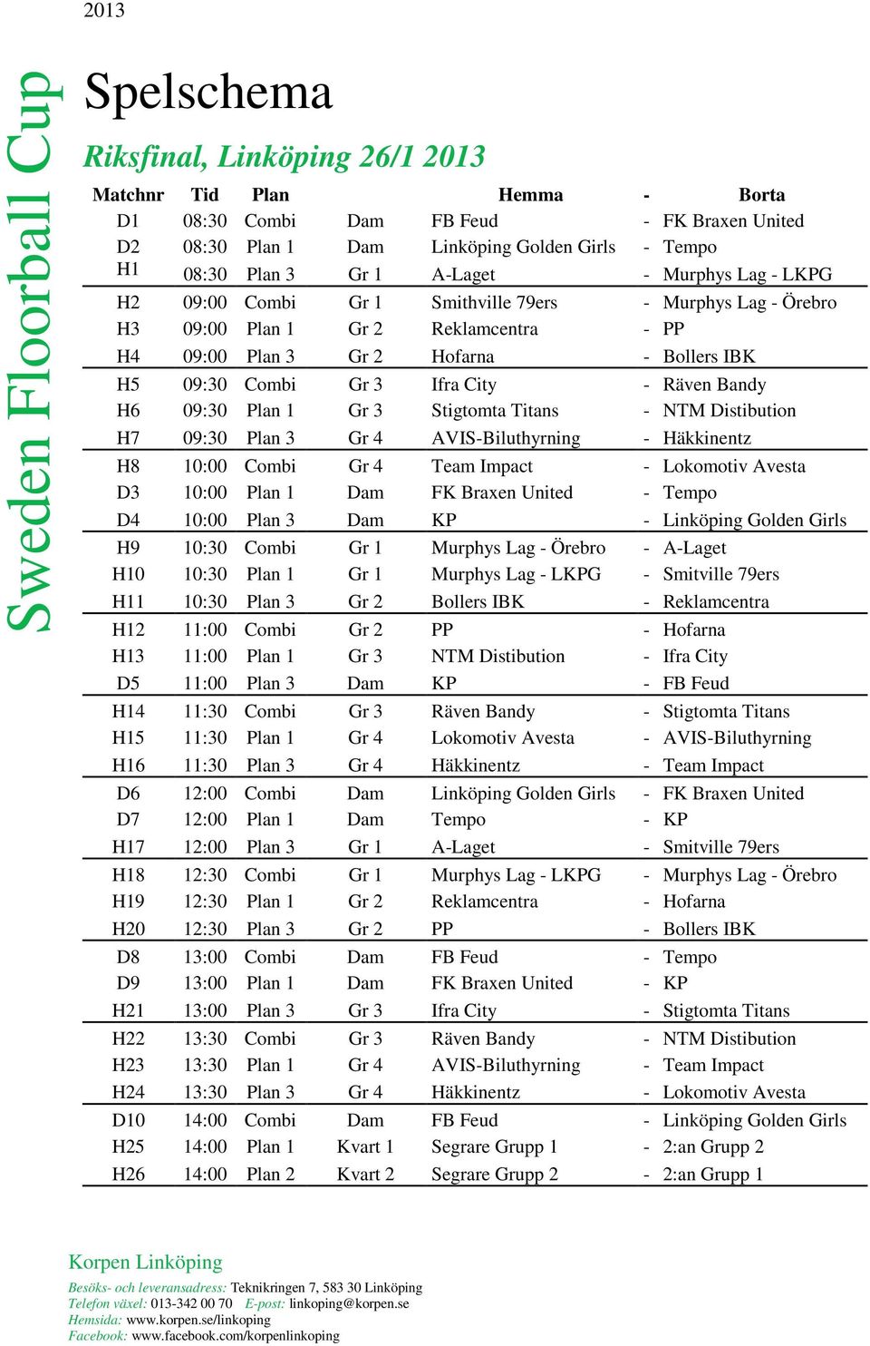 Gr 3 Ifra City - Räven Bandy H6 09:30 Plan 1 Gr 3 Stigtomta Titans - NTM Distibution H7 09:30 Plan 3 Gr 4 AVIS-Biluthyrning - Häkkinentz H8 10:00 Combi Gr 4 Team Impact - Lokomotiv Avesta D3 10:00