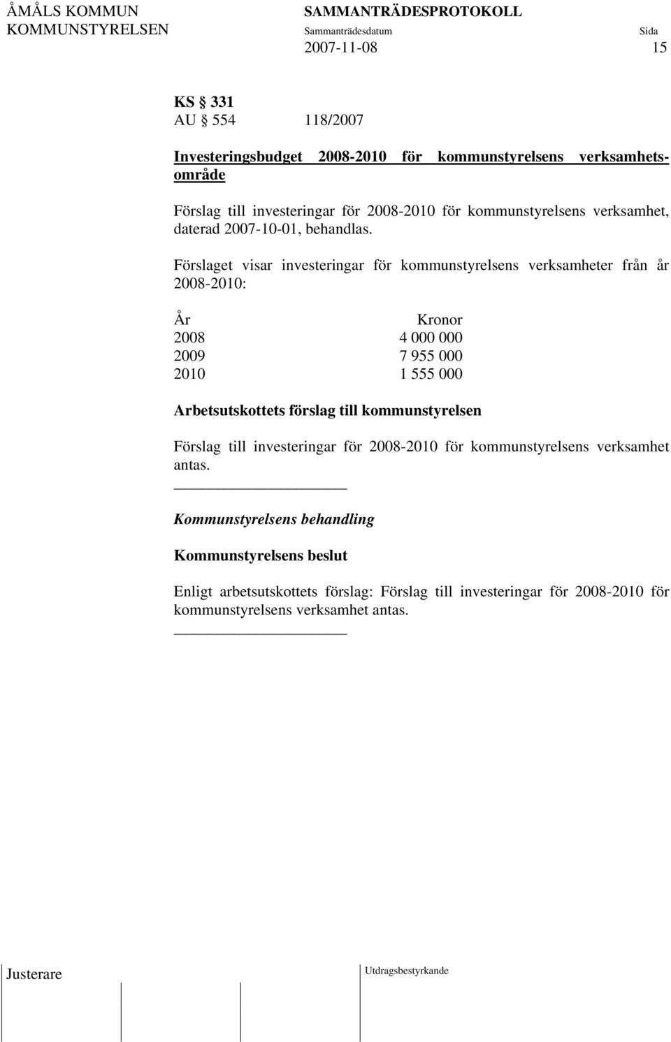 Förslaget visar investeringar för kommunstyrelsens verksamheter från år 2008-2010: År Kronor 2008 4 000 000 2009 7 955 000 2010 1 555 000