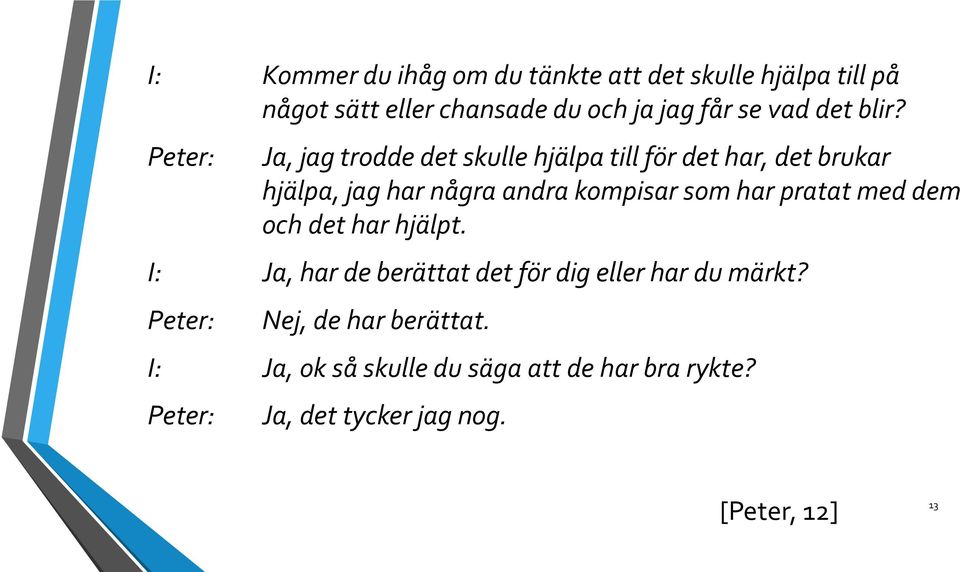 Peter: Ja, jag trodde det skulle hjälpa till för det har, det brukar hjälpa, jag har några andra kompisar som