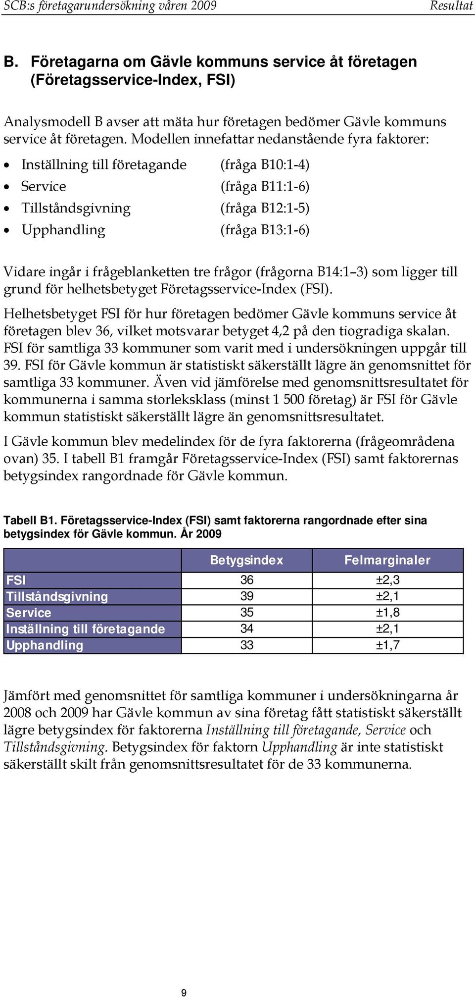 Modellen innefattar nedanstående fyra faktorer: Inställning till företagande Service Tillståndsgivning Upphandling (fråga B10:1-4) (fråga B11:1-6) (fråga B12:1-5) (fråga B13:1-6) Vidare ingår i